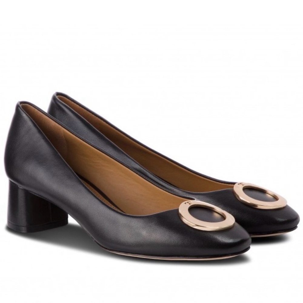 Tory Burch Caterina Pump Black Nappa Leather Heels with Gold Hardware Accent